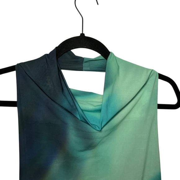 Pull&Bear Pull & Bear Abstract Wave Print Cutout Neck Mini Dress Teal Green - Picture 4 of 8